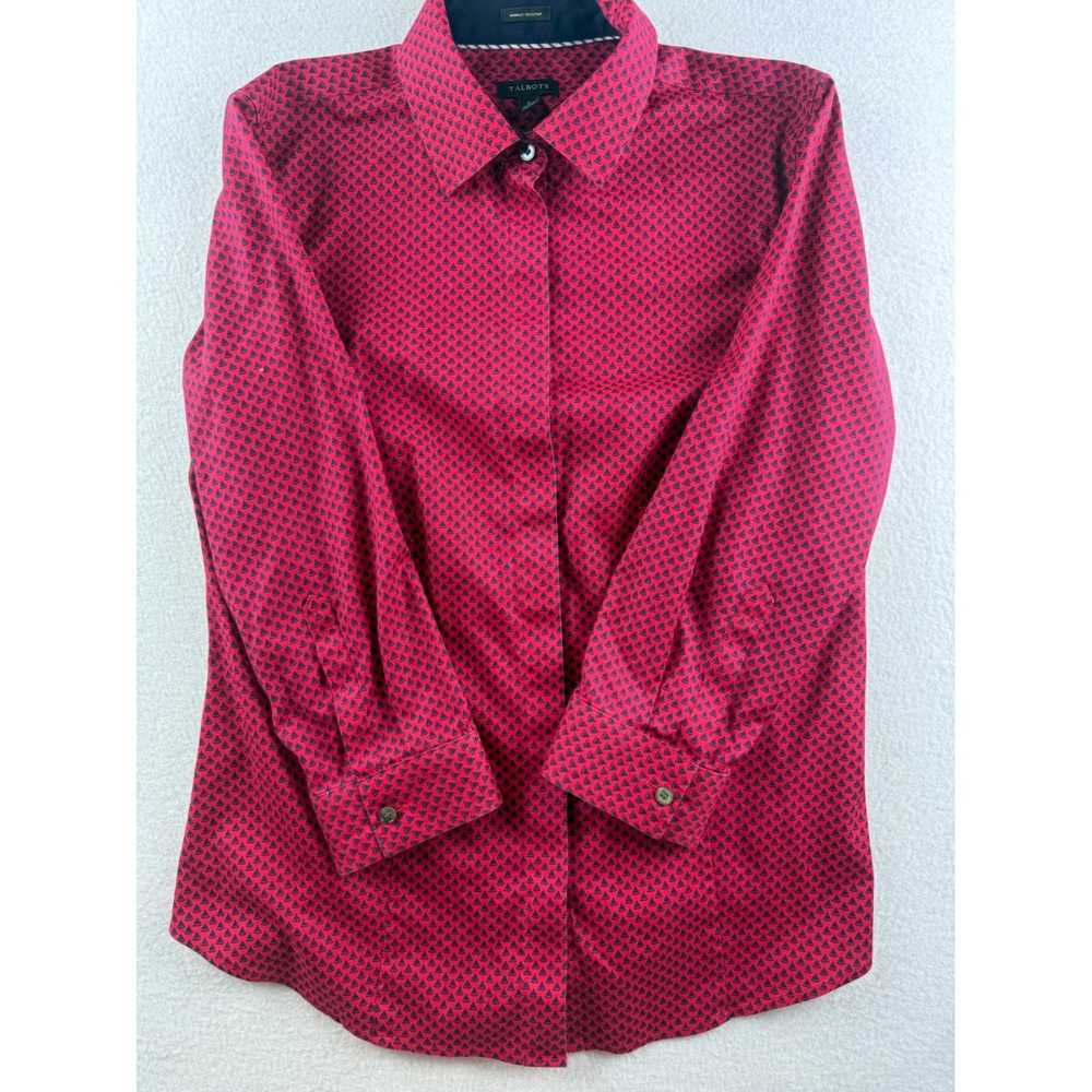 Talbots Red Navy Sailboat Print Wrinkle Resistant Button Down Shirt Womens 2